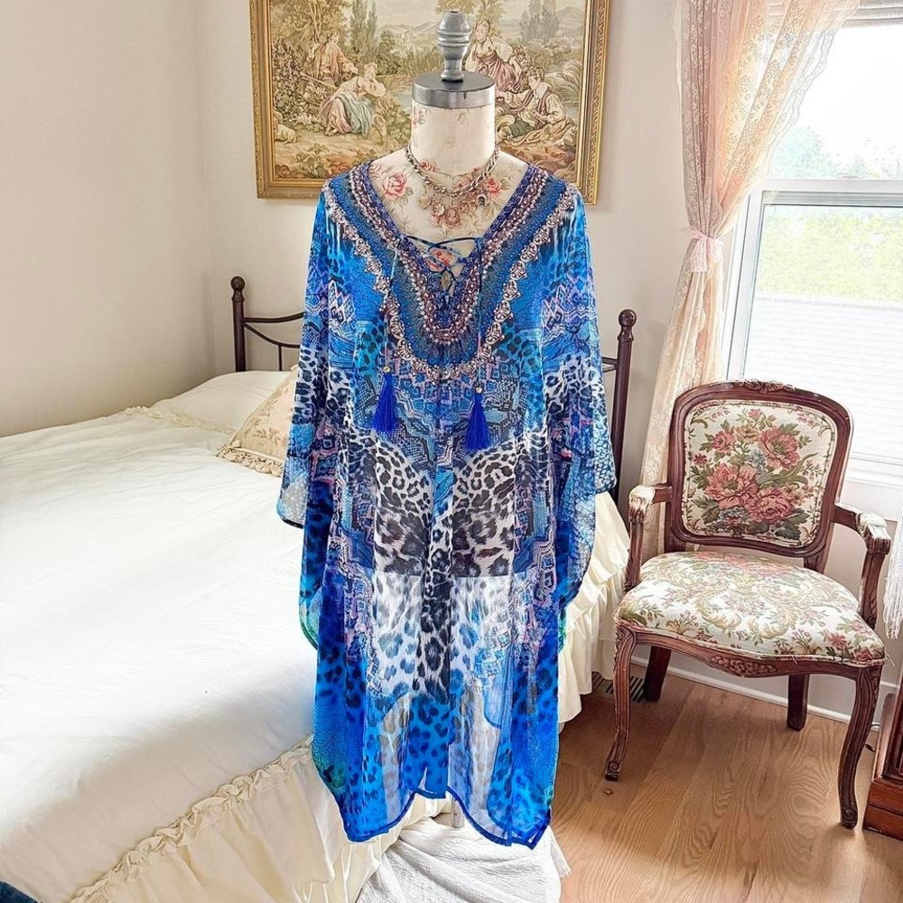 Blue boho caftan  modern blue animal print caftan True Colours one size